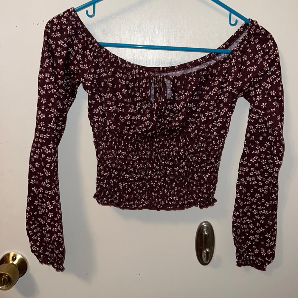 Burgundy floral off the should key hole long sleeve cropped top